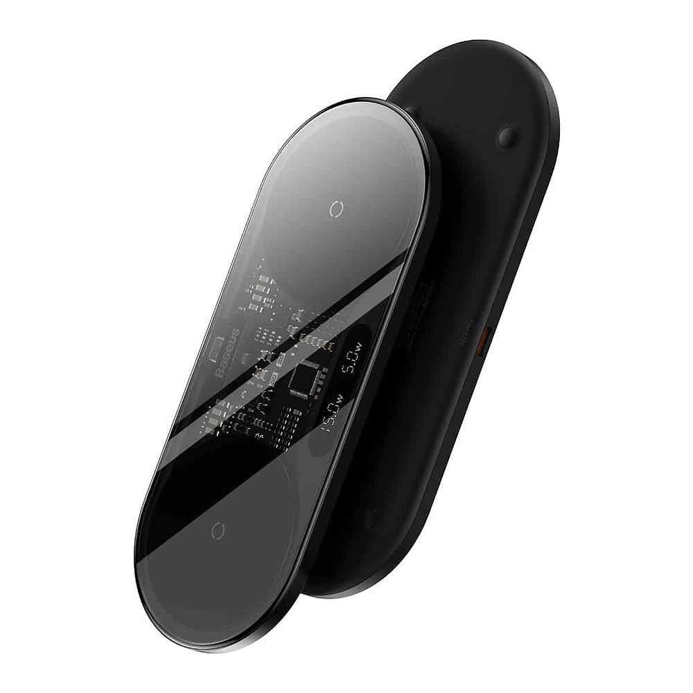 מטען אלחוטי כפול של Baseus בהספק של עד 20W, לטעינה של שני מכשירים במקביל, עם חיבור USB-C, עיצוב דק ותצוגת LED דיגיטלית, מתאים לכל מכשיר תומך טעינה אלחוטית.