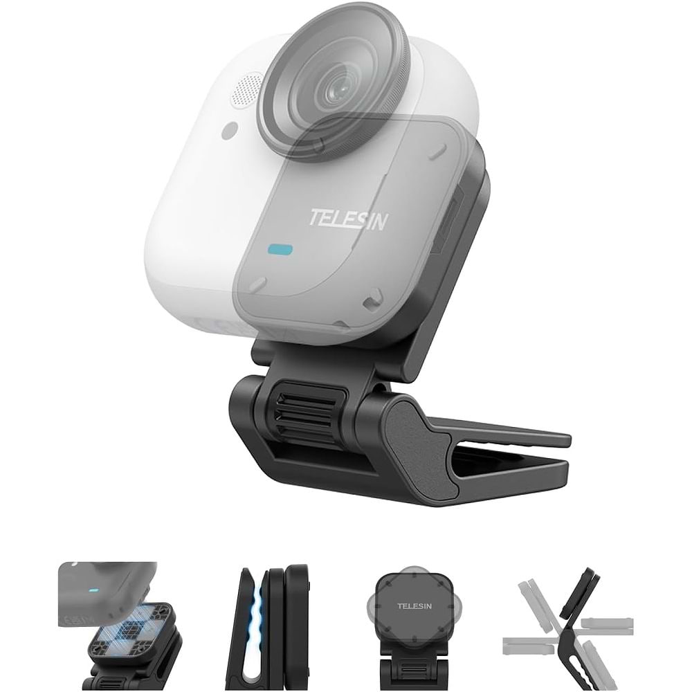תפס מגנטי קומפקטי עבור Insta360 Go Ultra לצילום POV ללא ידיים, עם מגנט N52, סיבוב 360° והתאמת זווית גמישה.