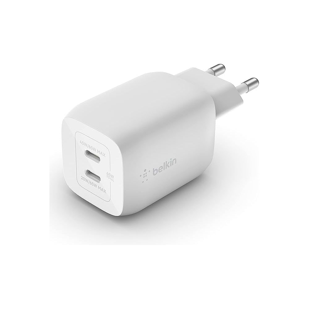 ספק כוח מטען בעל 2 חיבורים בהספק 65W בצבע לבן