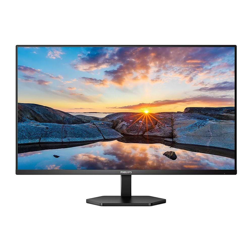 תמונת מוצר של מסך Philips בעיצוב מודרני ונקי בצבע שחור, עם שוליים דקים במיוחד ומעמד מרכזי שטוח ואלגנטי. על גבי המסך מוצגת תמונת נוף של שקיעה מעל אזור סלעי והשתקפות במים, המדגישה תצוגה רחבה ומראה המתאים לסביבת עבודה, צפייה ותוכן יומיומי.