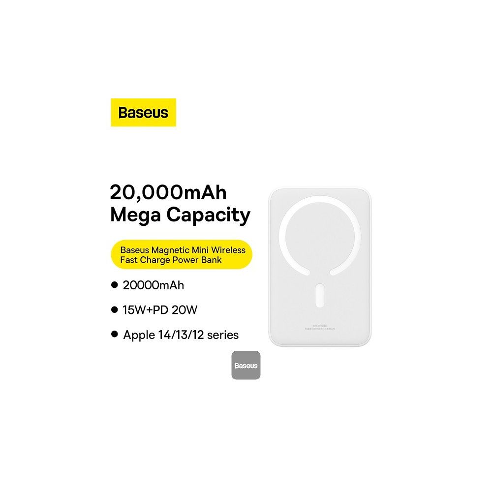 Baseus - 20W Magnetic Mini Wireless Power Bank 20000mAh with USB-C Cable / White