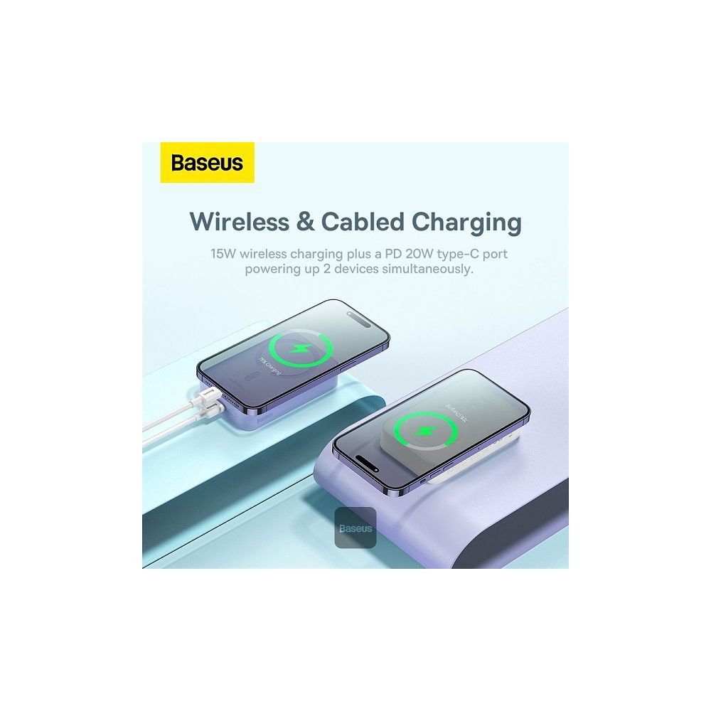 Baseus - 20W Magnetic Mini Wireless Power Bank 20000mAh with USB-C Cable / White