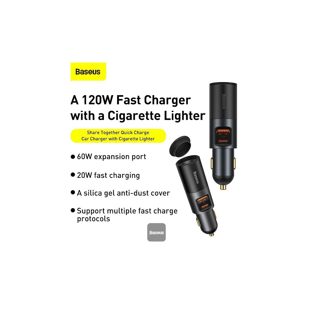 Baseus - 120W Share Together Car Charger Cigarette Lighter / Black
