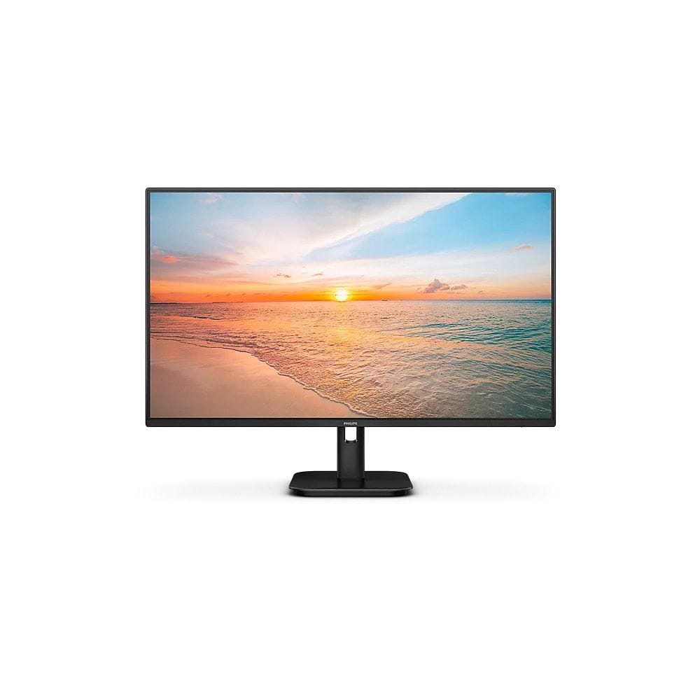 תמונת מוצר של מסך Philips בעיצוב אלגנטי ונקי בצבע שחור, עם שוליים דקים ומעמד מרכזי קומפקטי המתאים לסביבת עבודה מודרנית. על גבי המסך מוצגת תמונת חוף ושקיעה בגוונים רכים ובהירים, המדגישה תצוגה רחבה ומראה מינימליסטי המתאים לעבודה, צפייה ושימוש יומיומי.
