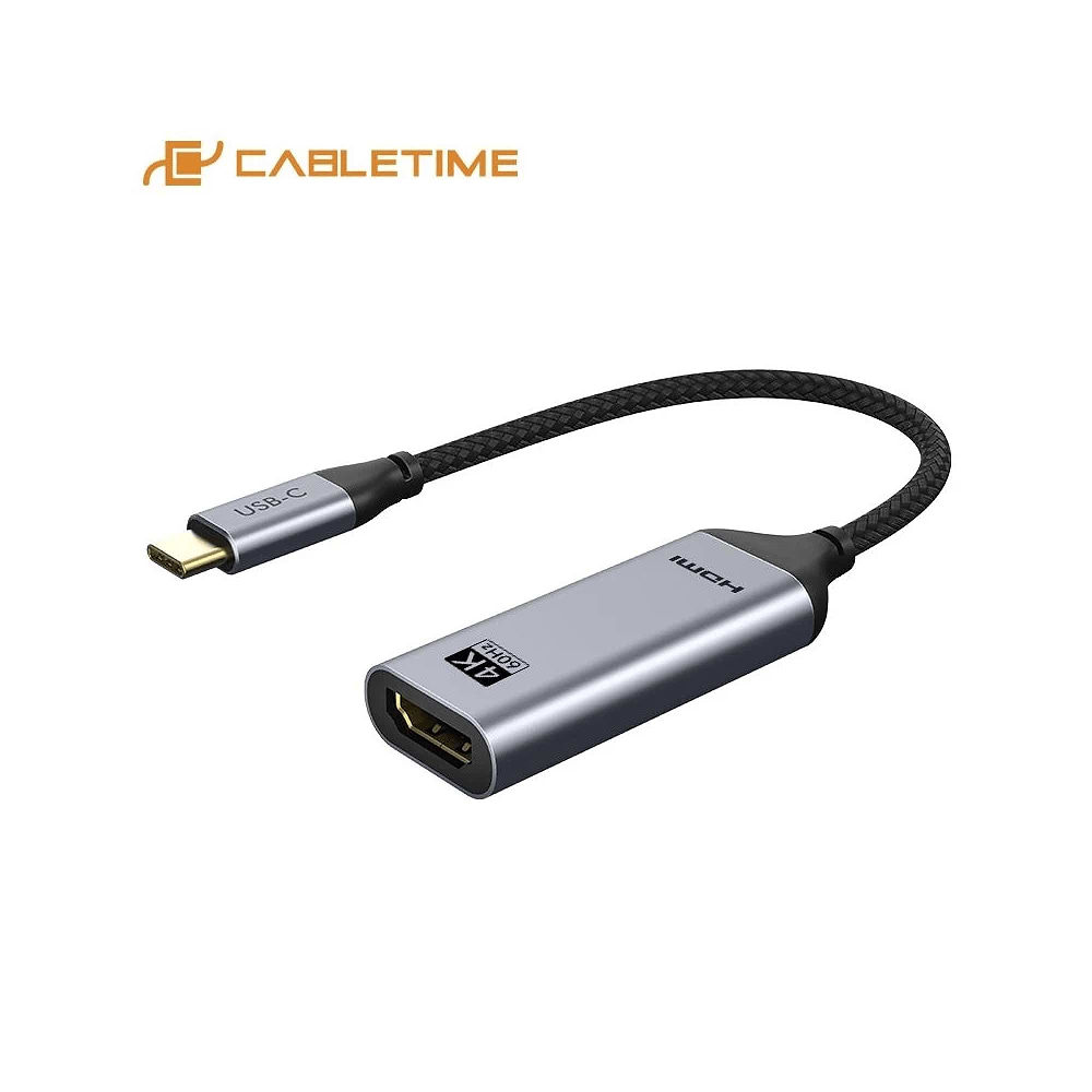 מתאם Cable Time USB-C to HDMI עם תמיכה בהעברת אודיו ווידאו וברזולוציה של עד 4K@60Hz. עיצוב קומפקטי באורך 20 ס"מ עם גוף אלומיניום.