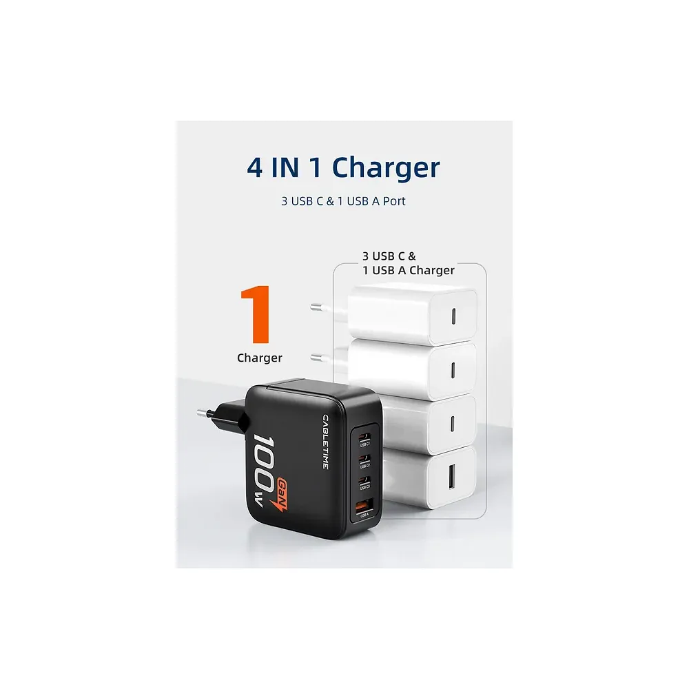 Cable Time - 100W Power Adapter (3 USB-C & 1 USB-A Ports) / Black