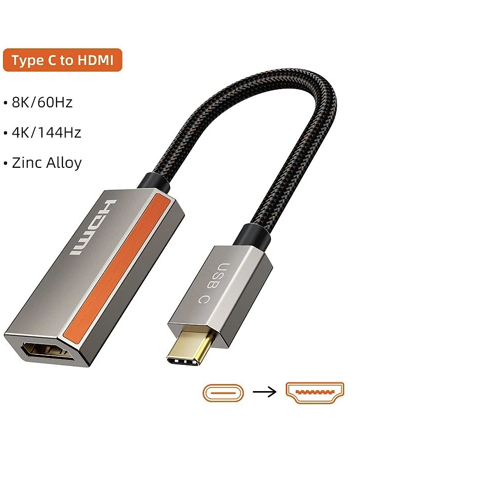מתאם Cable Time USB-C ל־HDMI קומפקטי באורך 20 ס״מ, עם תמיכה ברזולוציה עד 8K@60Hz ו־4K@144Hz, להעברת וידאו ואודיו באיכות גבוהה.