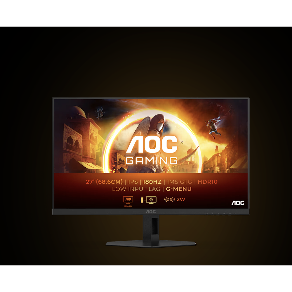 מסך גיימינג AOC בגודל 27 אינץ' עם פאנל Fast IPS, רזולוציית Full HD, קצב רענון 180Hz וזמן תגובה מהיר 0.5ms MPRT לחוויית משחק חלקה.