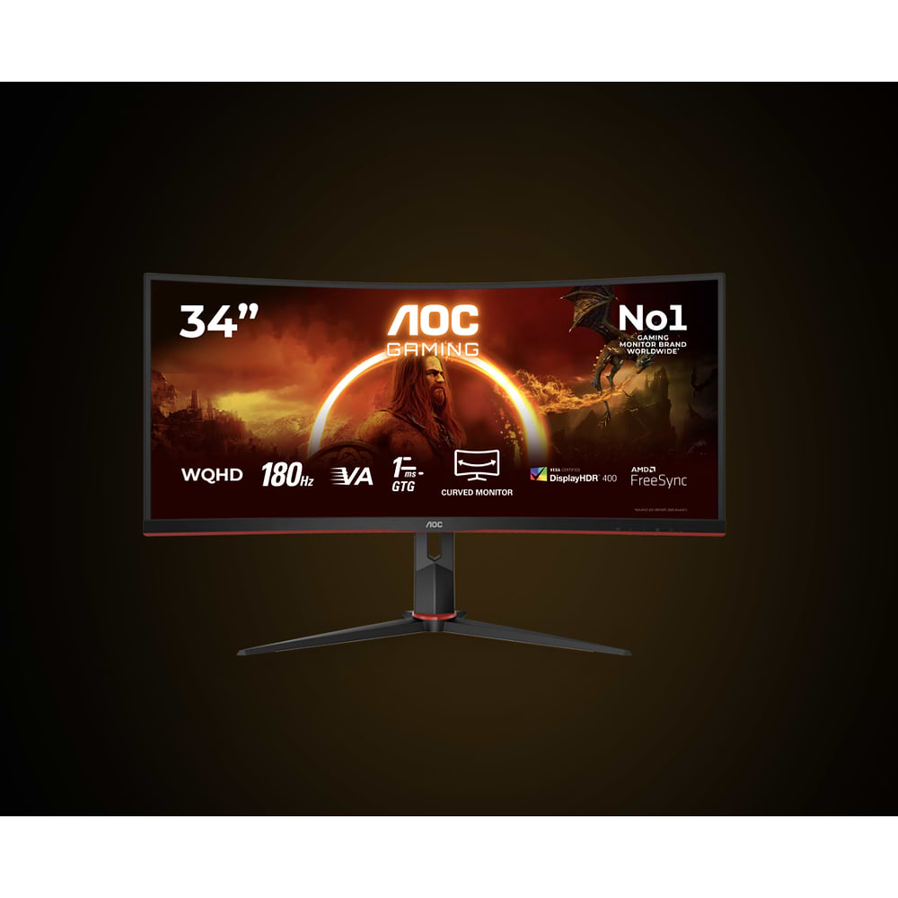 מסך גיימינג קעור AOC בגודל 34 אינץ' עם רזולוציית WQHD, פאנל VA, קצב רענון 180Hz, זמן תגובה 1ms ותמיכה ב-HDR400 לחוויית צפייה רחבה וסוחפת.