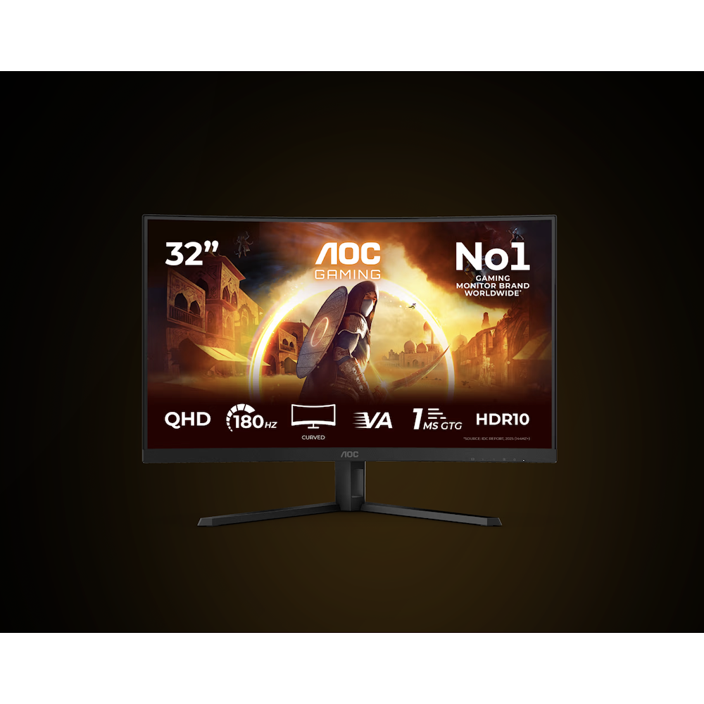 מסך גיימינג AOC קעור בגודל 32 אינץ' עם תצוגת QHD, פאנל Fast VA, קצב רענון 180Hz, זמן תגובה 0.5ms MPRT ותמיכה ב-HDR10 לחוויית משחק סוחפת.