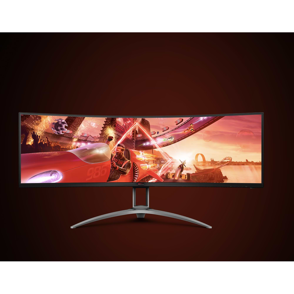 מסך גיימינג AOC AG493UCX בגודל 49 אינץ' עם תצוגת Ultra-Wide קעורה, רזולוציית DQHD, קצב רענון 120Hz וטכנולוגיות מתקדמות לחוויית משחק ועבודה רחבה ומרשימה.