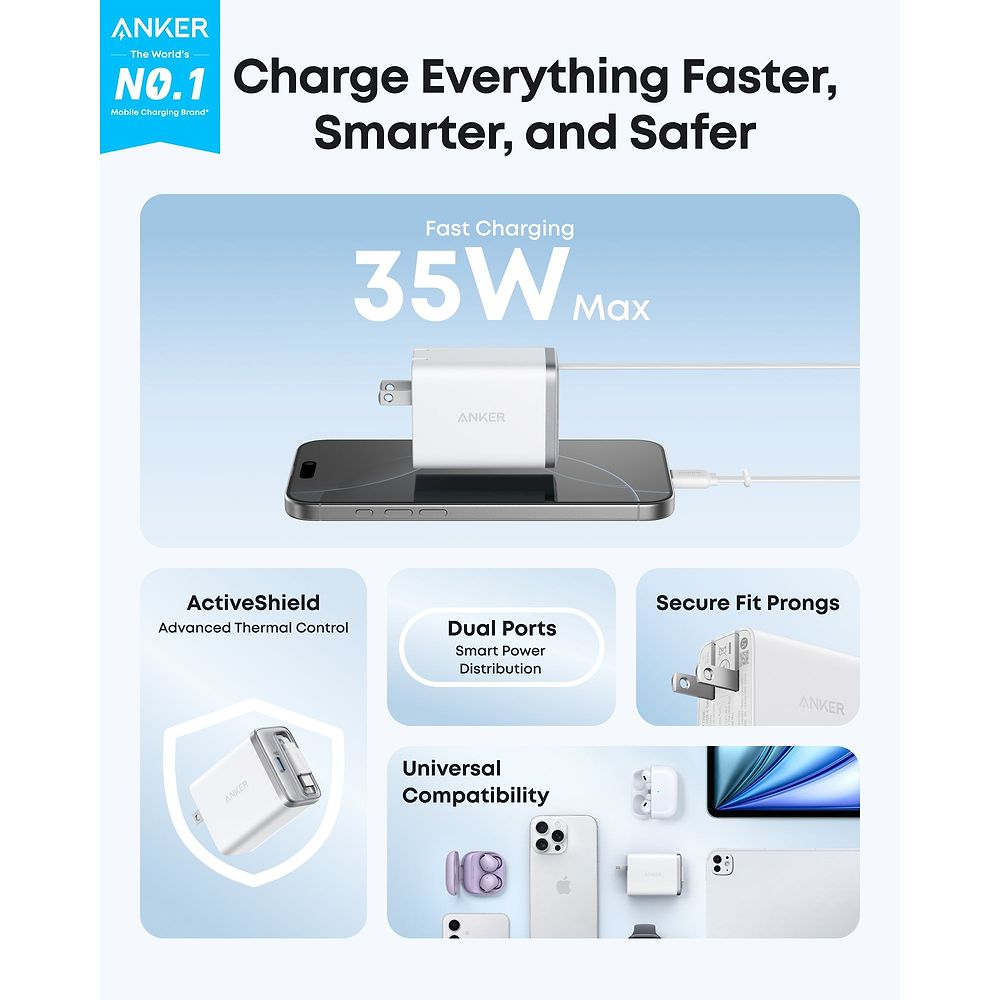 Anker - 35W Nano Power Adapter with USB-C Retractable Cable / White