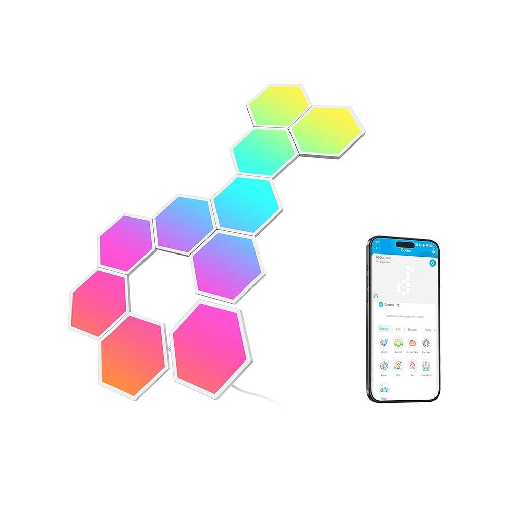 פאנלי התאורה Govee Glide Hexa Light Panels כוללים 10 פאנלים בעיצוב משושה עם טכנולוגיית RGBIC, שליטה באמצעות אפליקציית Govee Home ותמיכה ב-Alexa וב-Google Assistant ליצירת עיצובי תאורה בהתאמה אישית.