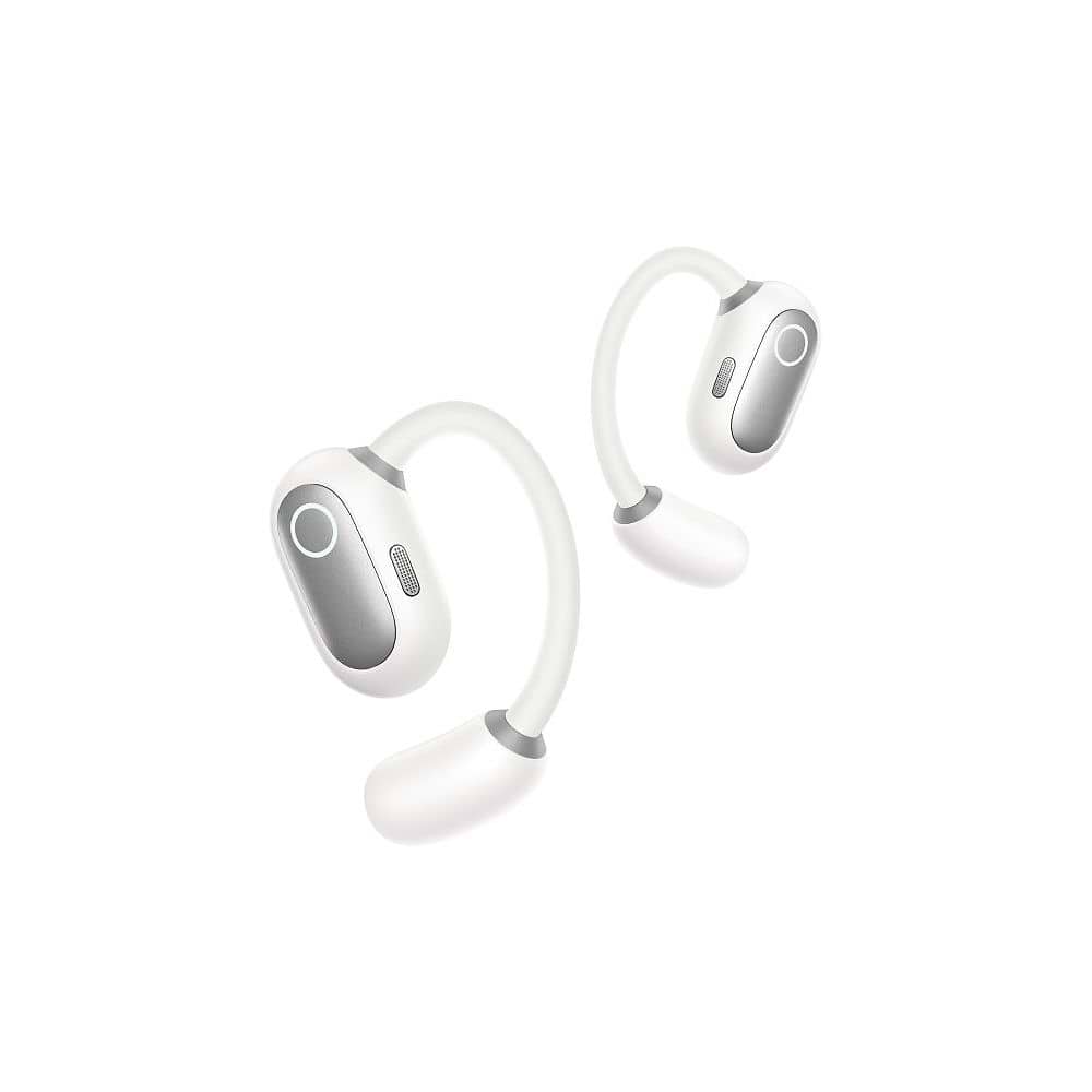 בתמונה נראות אוזניות Baseus Eli Sport 1 בעיצוב Open-Ear בצבע לבן כוכבים. האוזניות כוללות מבנה פתוח עם קשת אחיזה חיצונית לאוזן, המיועד ליציבות ונוחות בזמן שימוש. בחלק החיצוני משולב גוף בגימור בהיר עם אלמנט עגול למגע/שליטה ופתח ייעודי באזור הצדדי. העיצוב הכ