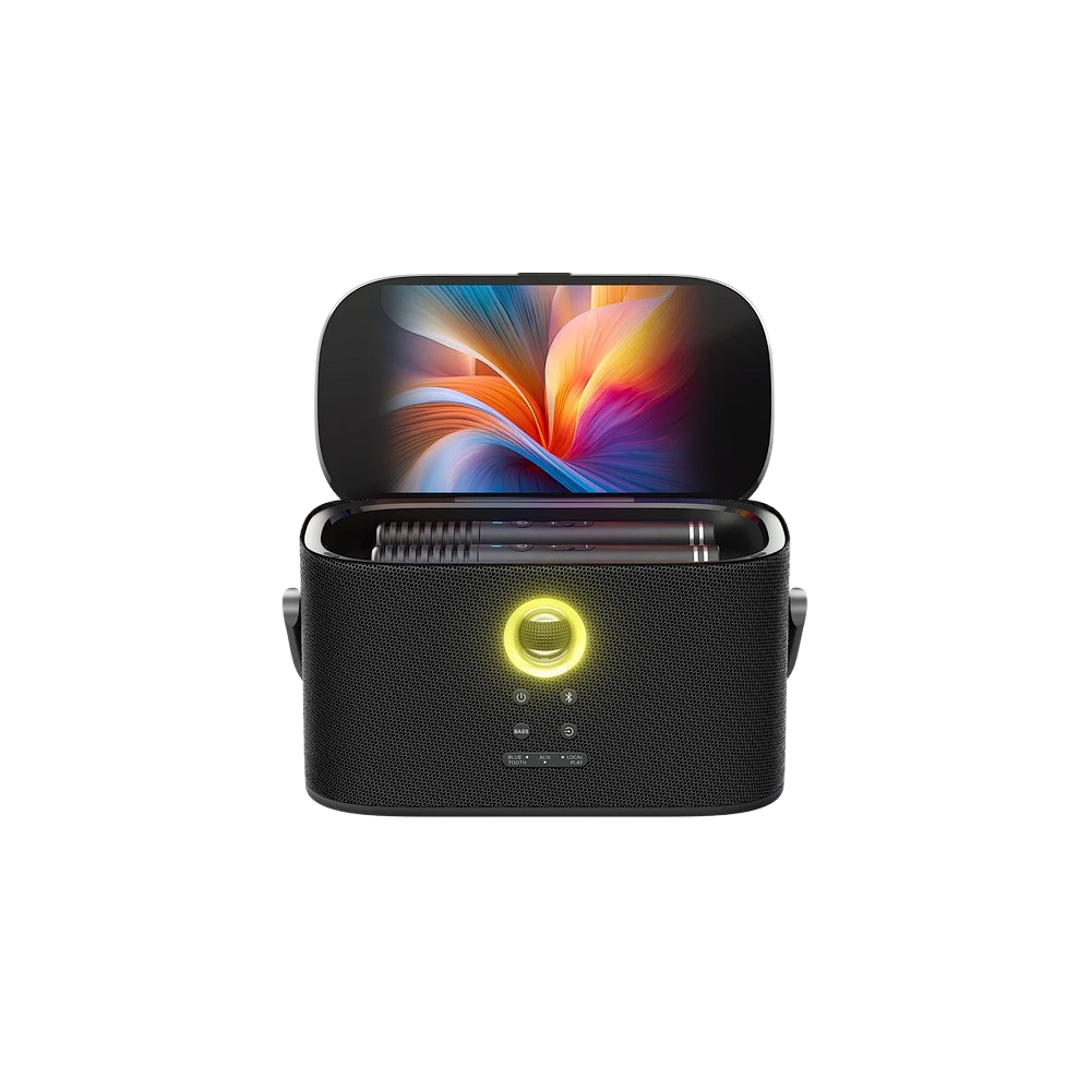 רמקול קריוקי נייד Ikarao Shell S3 עם שני מיקרופונים אלחוטיים, סאונד עוצמתי וטכנולוגיית הסרת קול.