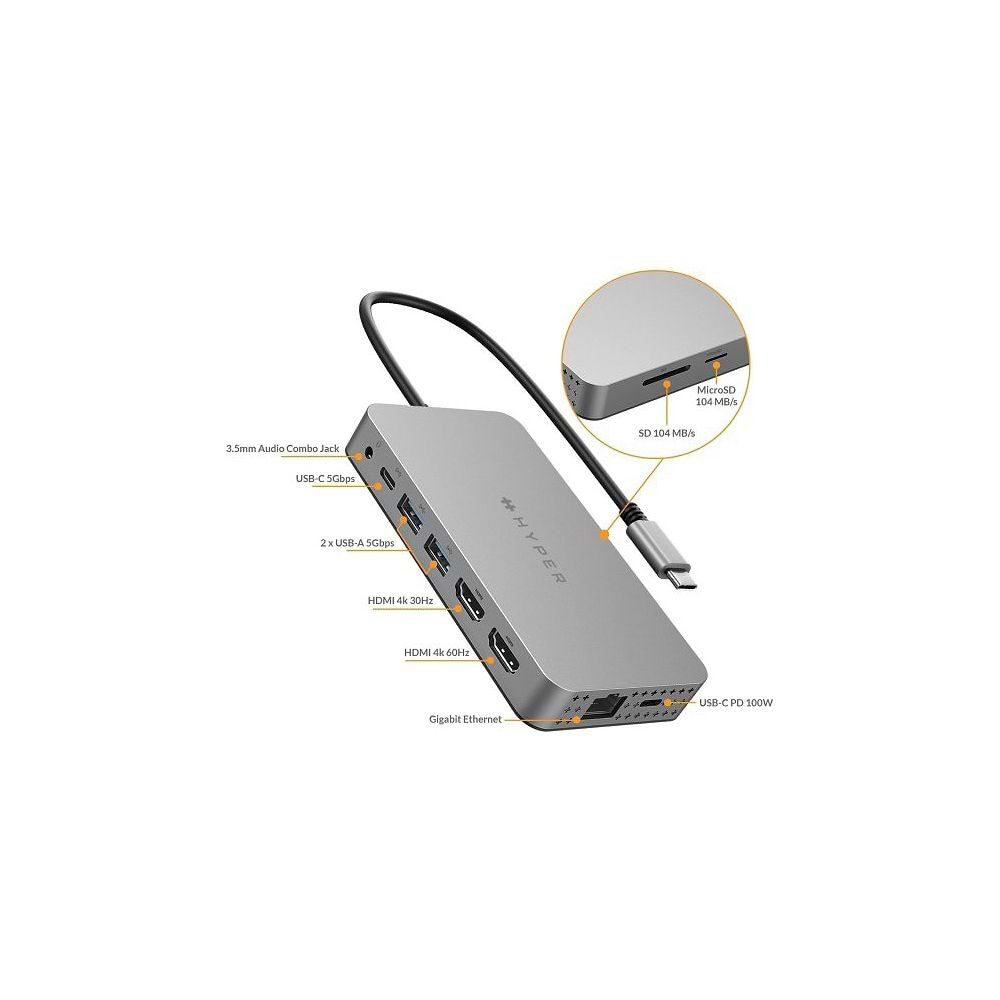 תחנת העגינה Hyper Dual 4K HDMI 10-in-1 USB-C מרחיבה את אפשרויות החיבור של מחשבים תואמים ומאפשרת עבודה עם עד שני מסכי 4K דרך חיבור USB-C יחיד. כוללת 10 יציאות שימושיות ובהן HDMI, USB-C, USB-A, Ethernet, קורא כרטיסי SD וטעינת USB-C PD עד 100W לעבודה וטעינה 