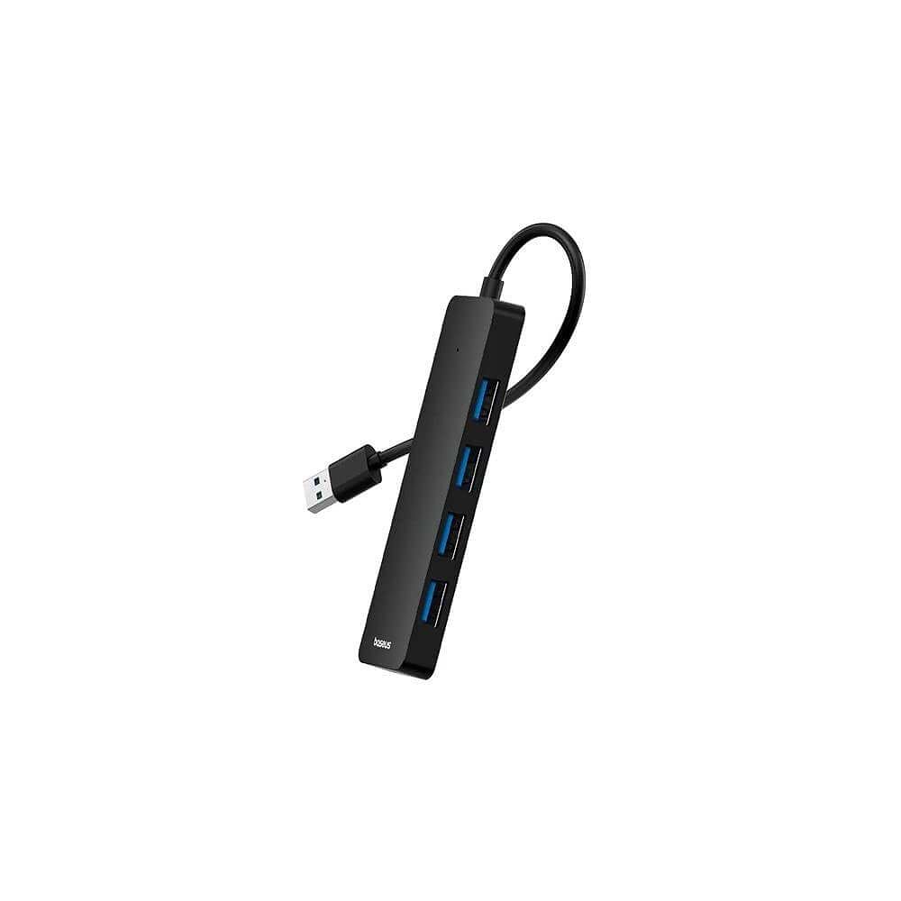 בתמונה נראה Baseus UltraJoy 4-Port HUB Lite בצבע שחור בעיצוב קומפקטי ומינימליסטי. ניתן לראות גוף מלבני ודק עם 4 יציאות USB הממוקמות בצד אחד של המתאם, וכבל חיבור מובנה היוצא מהיחידה. היציאות מודגשות בגוון כחול ומיועדות לחיבור מספר התקנים במקביל תוך שמירה ע