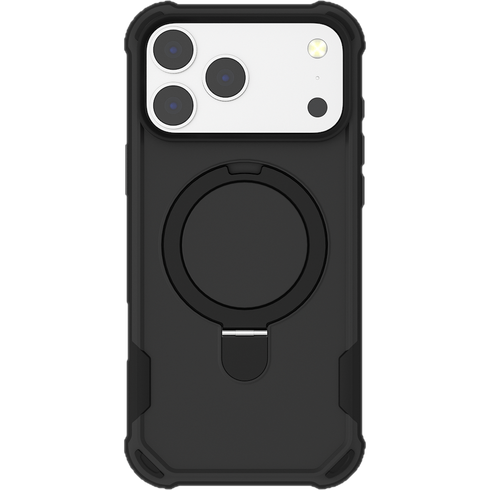 כיסוי PureGear GripTek Kik עבור iPhone 17 Pro עם הגנה עמידה, תאימות MagSafe, רגלית מובנית ואחיזה נוחה בעיצוב שחור.