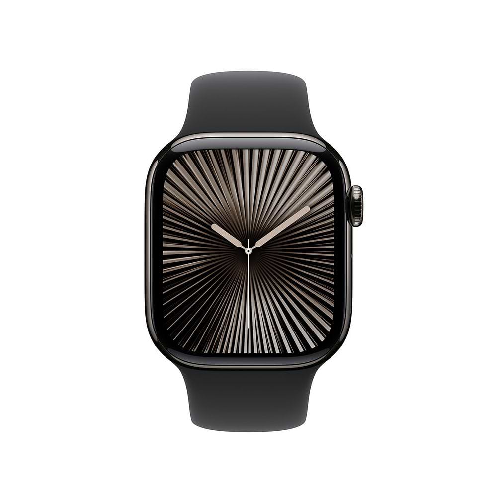 רצועת Apple Watch Sport Band בצבע שחור, עשויה מפלואורואלסטומר איכותי במיוחד, המשלבת עמידות גבוהה עם מגע רך ונוח על היד. מתאימה לשימוש יומיומי, עם סגירת Pin-and-Tuck חדשנית המבטיחה התאמה נקייה ומסודרת. 