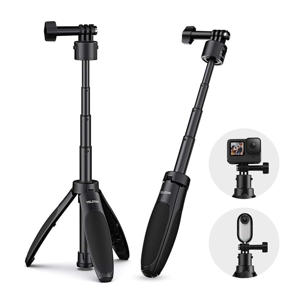 מוט סלפי מיני עם חצובה מובנית ומנגנון Quick Release לחיבור ושחרור מהיר של מצלמת האקשן. עיצוב קומפקטי וקל לנשיאה, עם אחיזה נוחה ותאימות לדגמי Insta360 המצוינים.