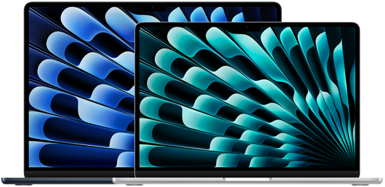 Front view of 13-inch and 15-inch models of MacBook Air demonstrating display sizes (measured diagonally)