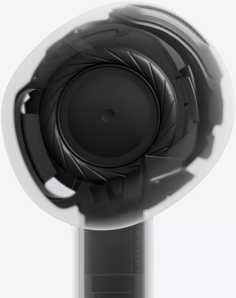 מבט שקוף אל תוך אוזניית AirPods 5, חושף את הדרייבר והארכיטקטורה האקוסטית
