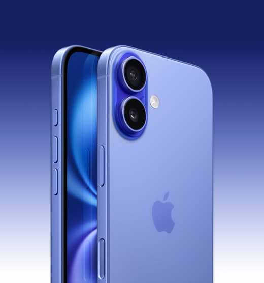 iPhone 16 (אייפון 16) בצבע Ultramarine, מבט צד על החזית ומבט מלא על הגב עם מערכת מצלמה כפולה