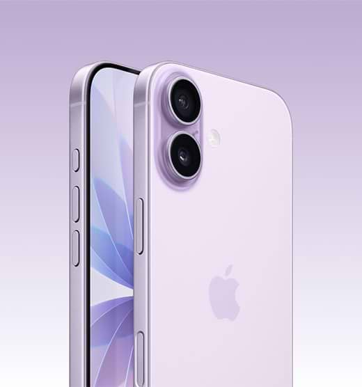 iPhone 17 (אייפון 17) בצבע Lavender, מבט צד על החזית ומבט מלא על הגב עם מערכת מצלמה כפולה