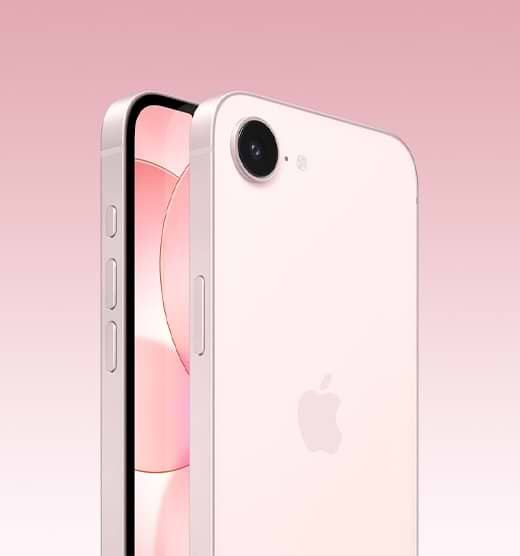 iPhone 17e (אייפון 17e) בצבע Soft Pink, חזית וגב עם לוגו Apple ומצלמה אחת