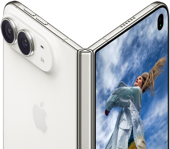 iPhone Duo פתוח למחצה, מבט מהצד על הציר ומסגרת הטיטניום