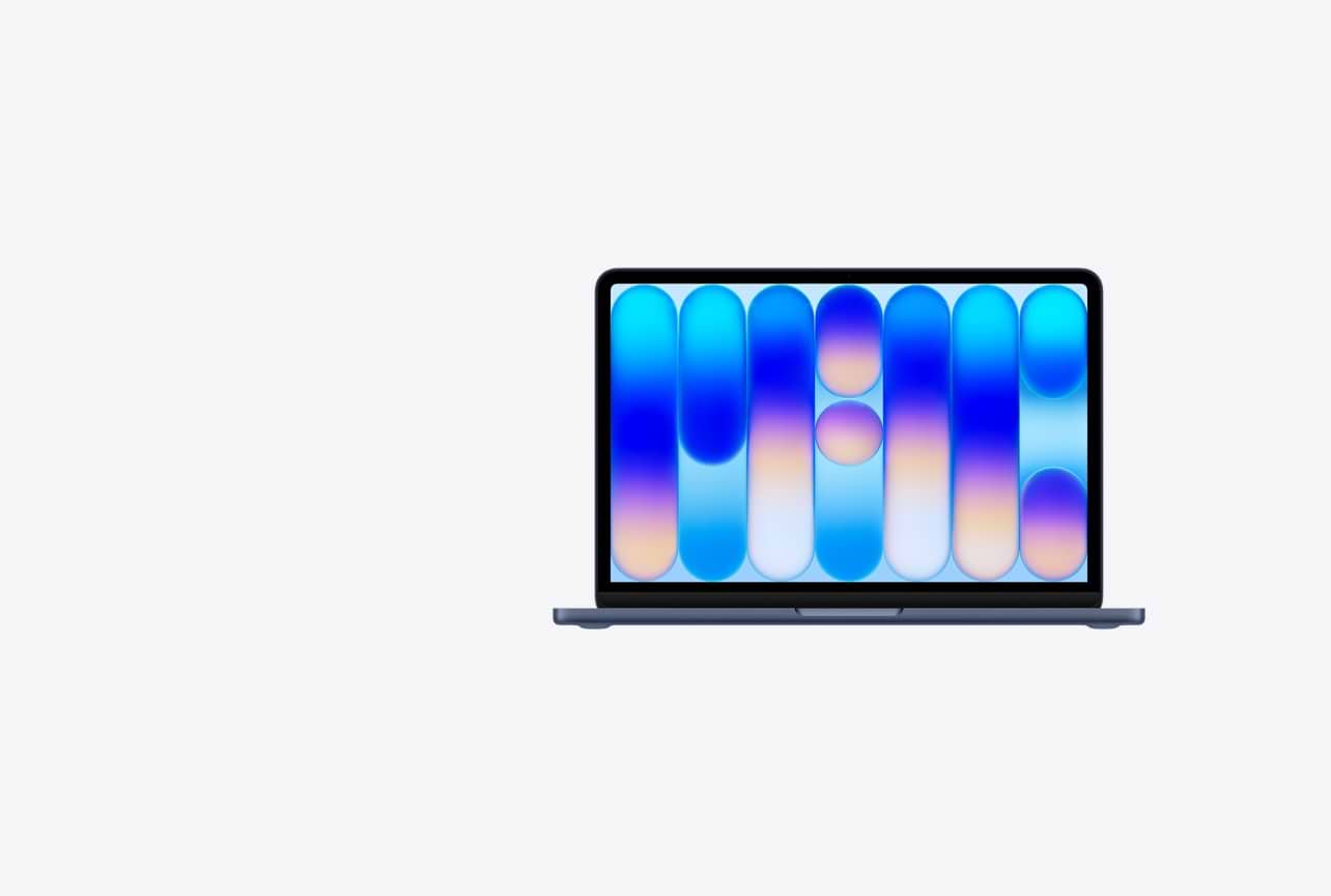 MacBook Neo, open, indigo color, colorful abstract wallpaper