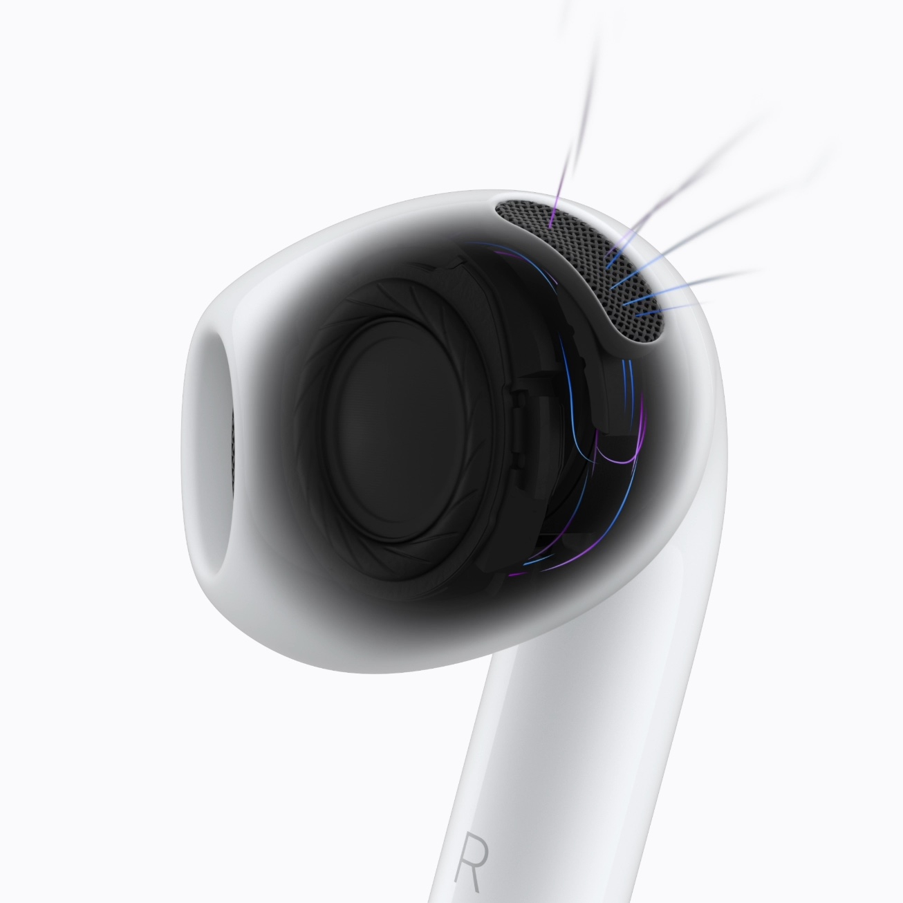 מבט חתך על אוזניית AirPods 5 שמציג את הארכיטקטורה האקוסטית החדשה מרובת הפתחים. צילום: Apple