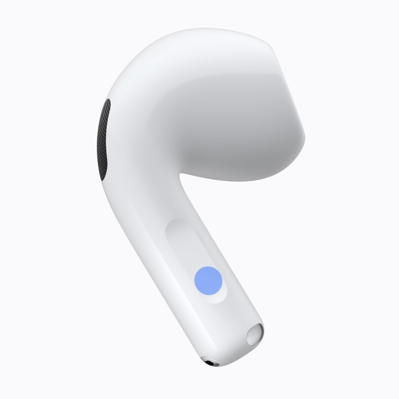 אוזניית AirPods 5 עם סימון של אזור ההחלקה על הגבעול לשליטה בעוצמת הקול. צילום: Apple