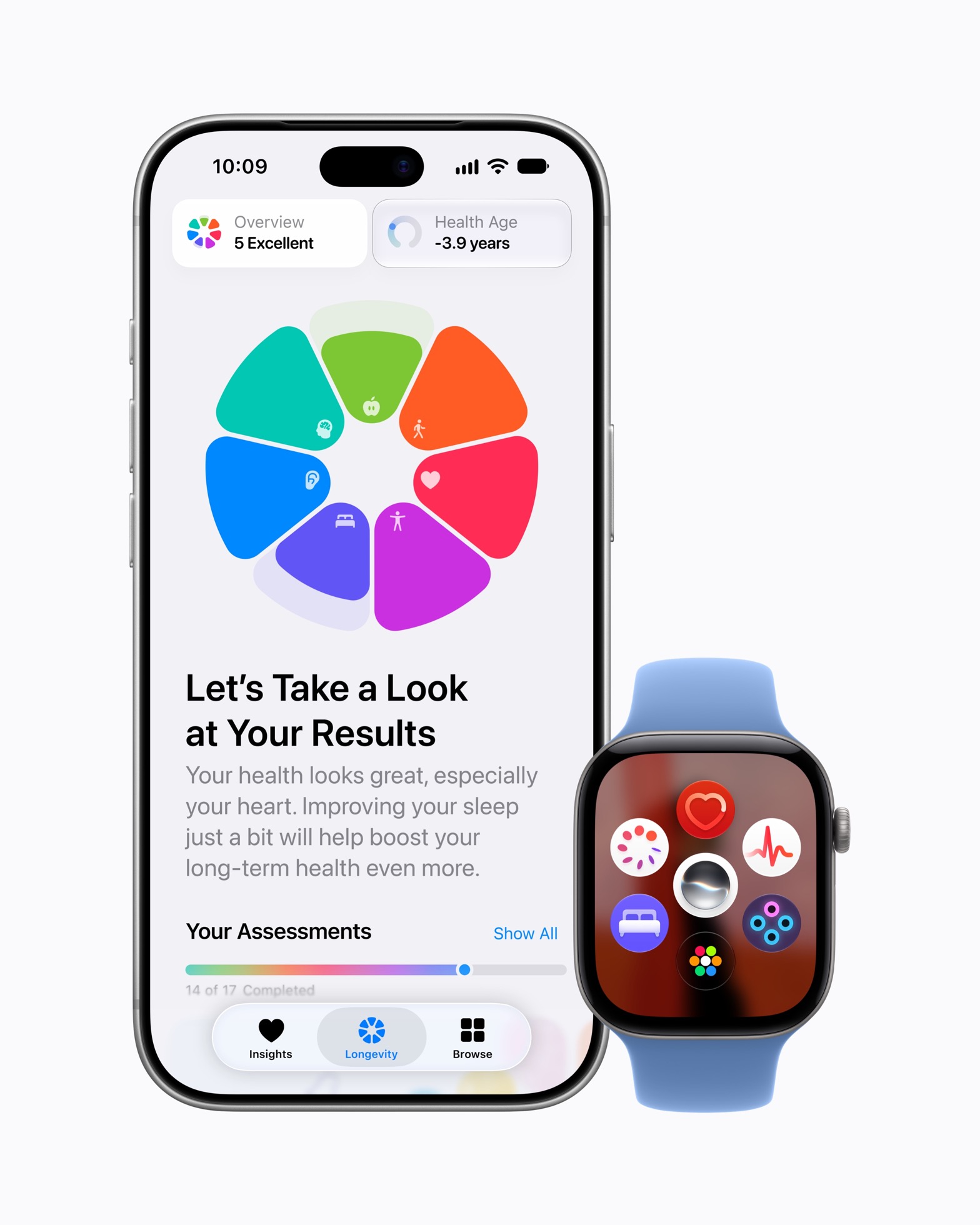 אפליקציית Health המעוצבת מחדש ב-iPhone, עם לשוניות Insights ו-Longevity חדשות. צילום: Apple