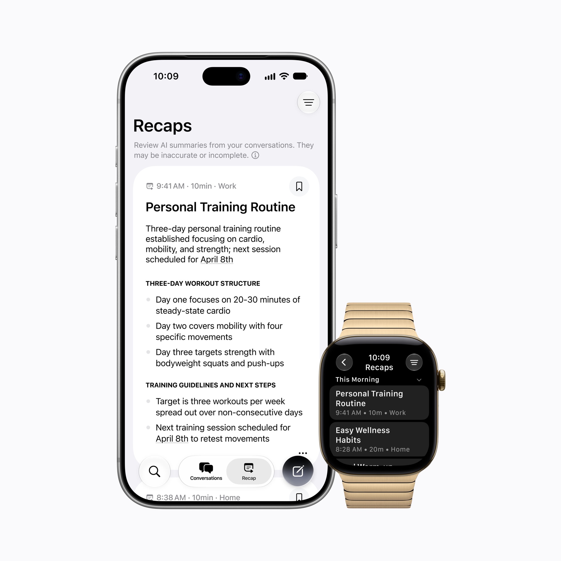 Siri Recap מסכם שיחות לכותרת ולנקודות עיקריות באפליקציית Siri החדשה. צילום: Apple