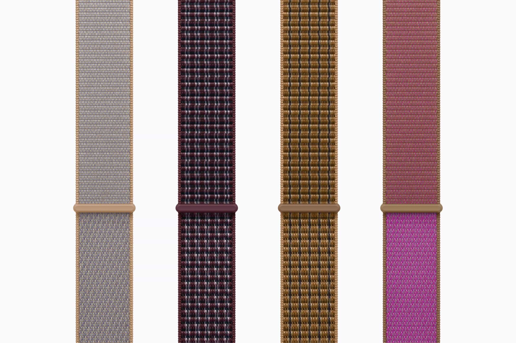 רצועות Sport Loop החדשות, כולל דוגמת המשבצות בבורדו ובחום בהיר. צילום: Apple