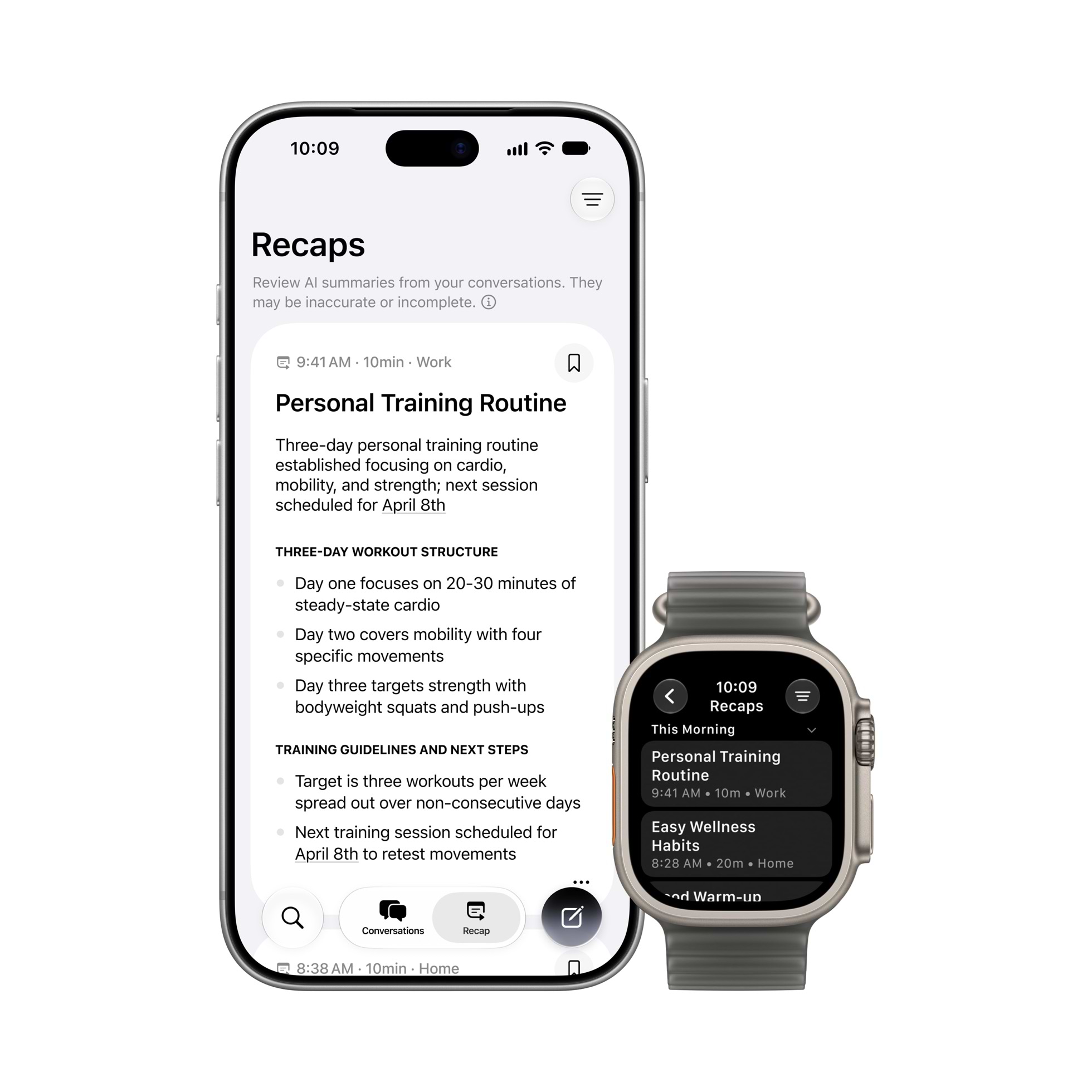 iPhone 18 Pro ו-Apple Watch Ultra 4 מציגים סיכום שיחה של Siri Recap. צילום: Apple