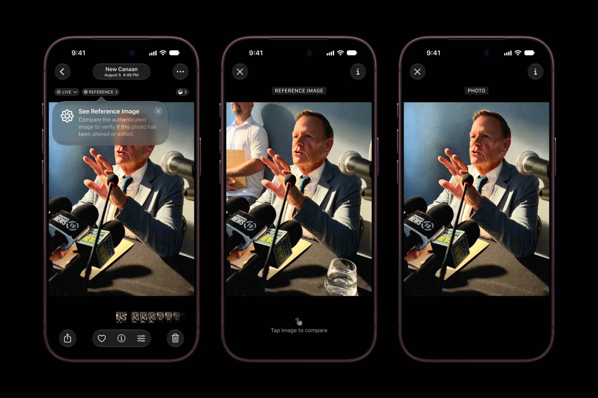 Apple Reference Image באפליקציית התמונות: לחיצה על התמונה משווה בין הצילום לתמונת הייחוס החתומה. צילום: Apple