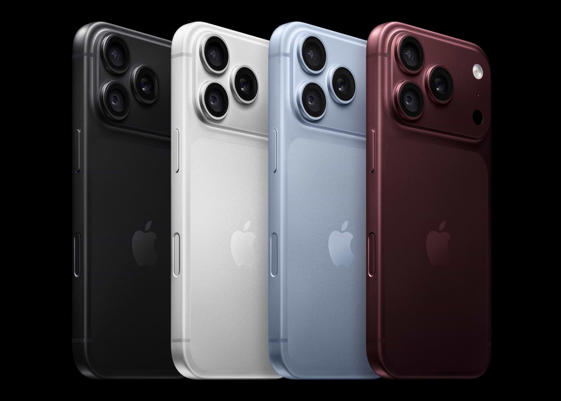ארבעת הגימורים של iPhone 18 Pro: שחור, כסוף, קרחון ובורדו החדש. צילום: Apple