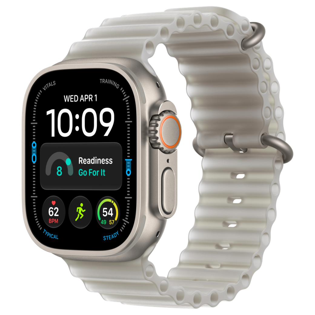 Apple Watch Ultra 4 (אפל ווטש אולטרה 4) טיטניום טבעי עם רצועת Ocean Band אפורה שקופה