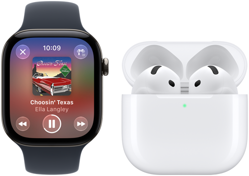 Apple Watch עם אפליקציית Apple Music פתוחה, מחובר ל-AirPods 4