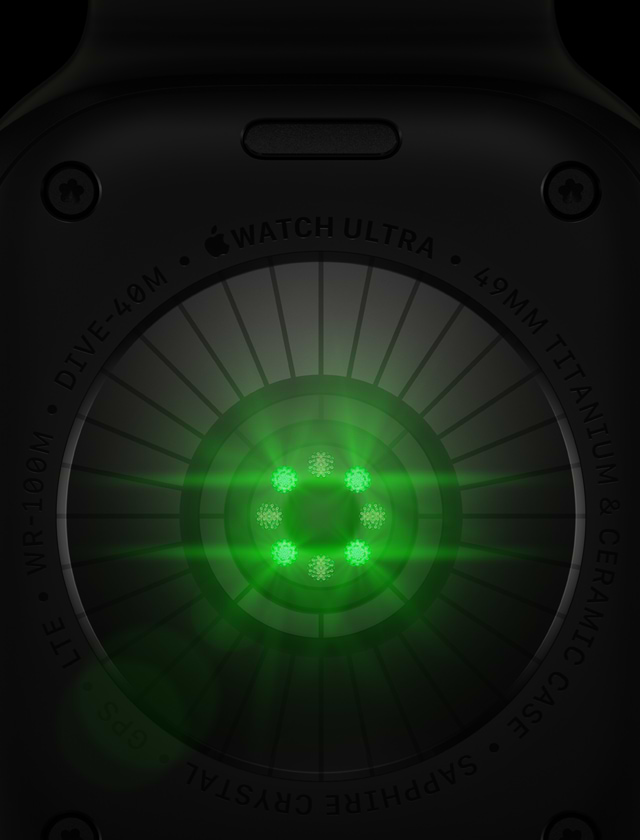 גב Apple Watch Ultra 4 בטיטניום שחור, חיישנים עגולים עם נוריות LED ירוקות