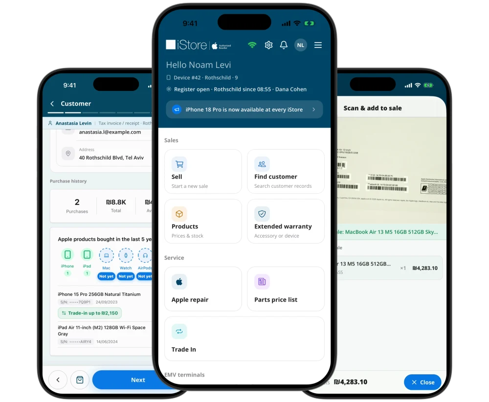 Three iPhones running imPos: customer card, home screen and barcode scanner
