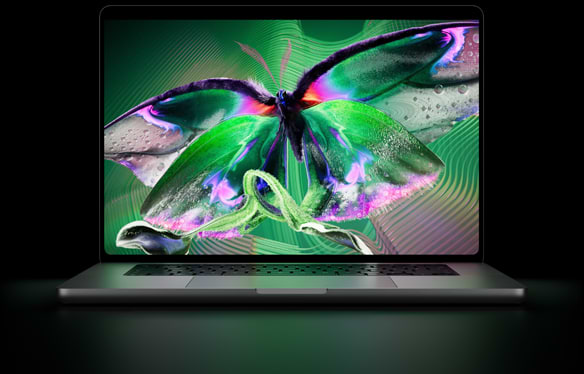 MacBook Pro עם פרפר צבעוני בירוק וסגול על המסך