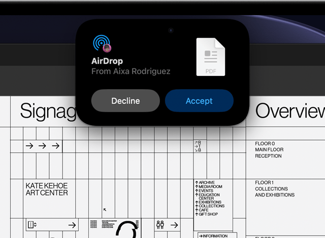 התראת AirDrop ב-Dynamic Island בראש המסך