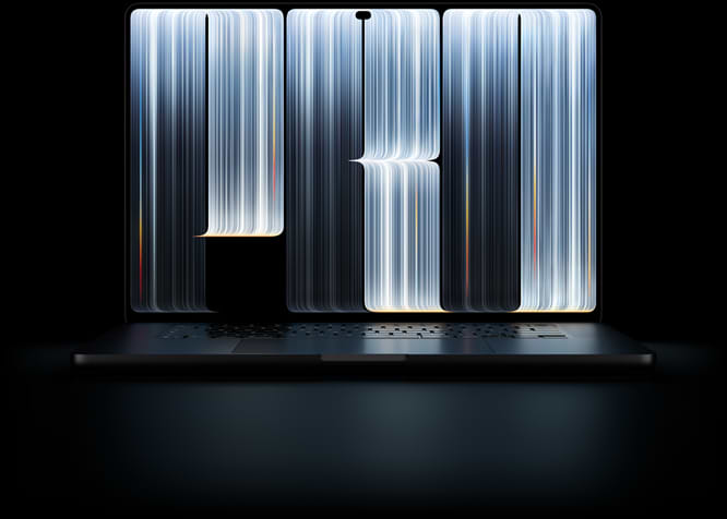 MacBook Pro with PROLED XDR Display פתוח מלפנים, על המסך פסי אור בהירים