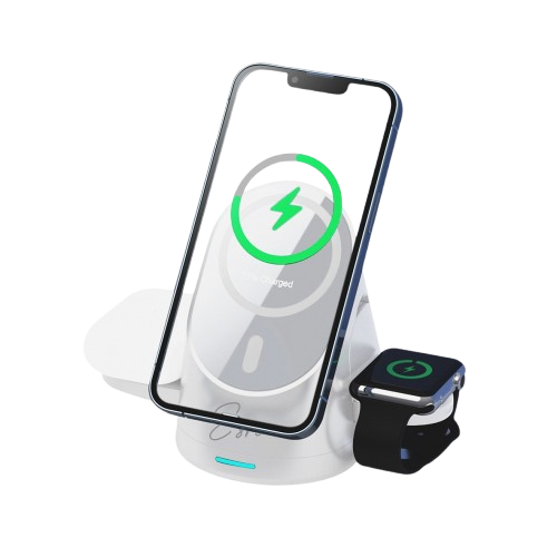 מטען אלחוטי 3 ב-1 עבור iPhone, Apple Watch ו-AirPods עם תפיסה מגנטית מבית Essentials.
                            